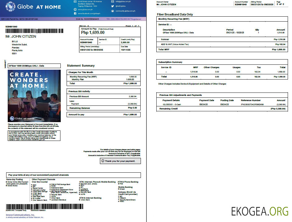 Philippines Globe myBusiness utility bill template in Word and PDF formats, 2 pages, version 2